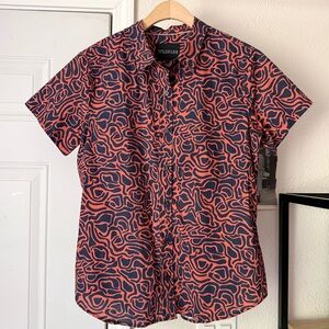 Wildfang navy coral abstract tribal print cotton short sleeve button up shirt